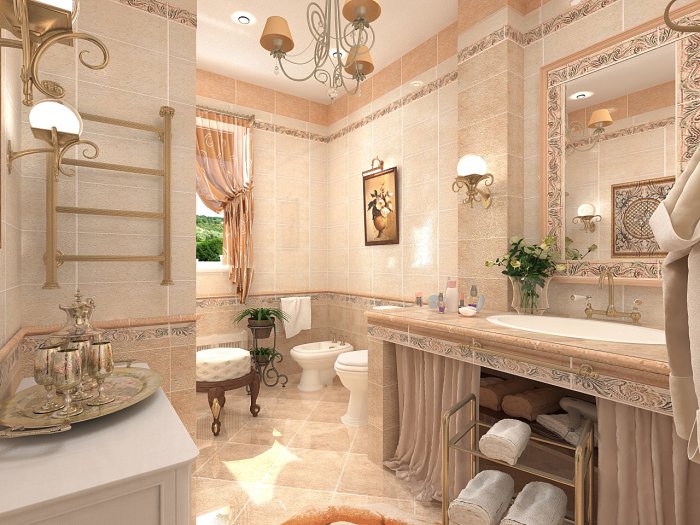 Итальянский дизайн интерьера зала и ванной комнаты